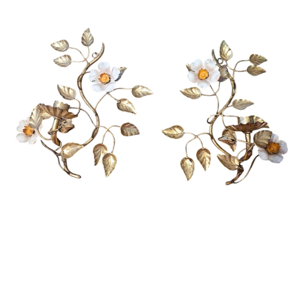 Vintage Toleware Pair Gold Floral Wall Sconces